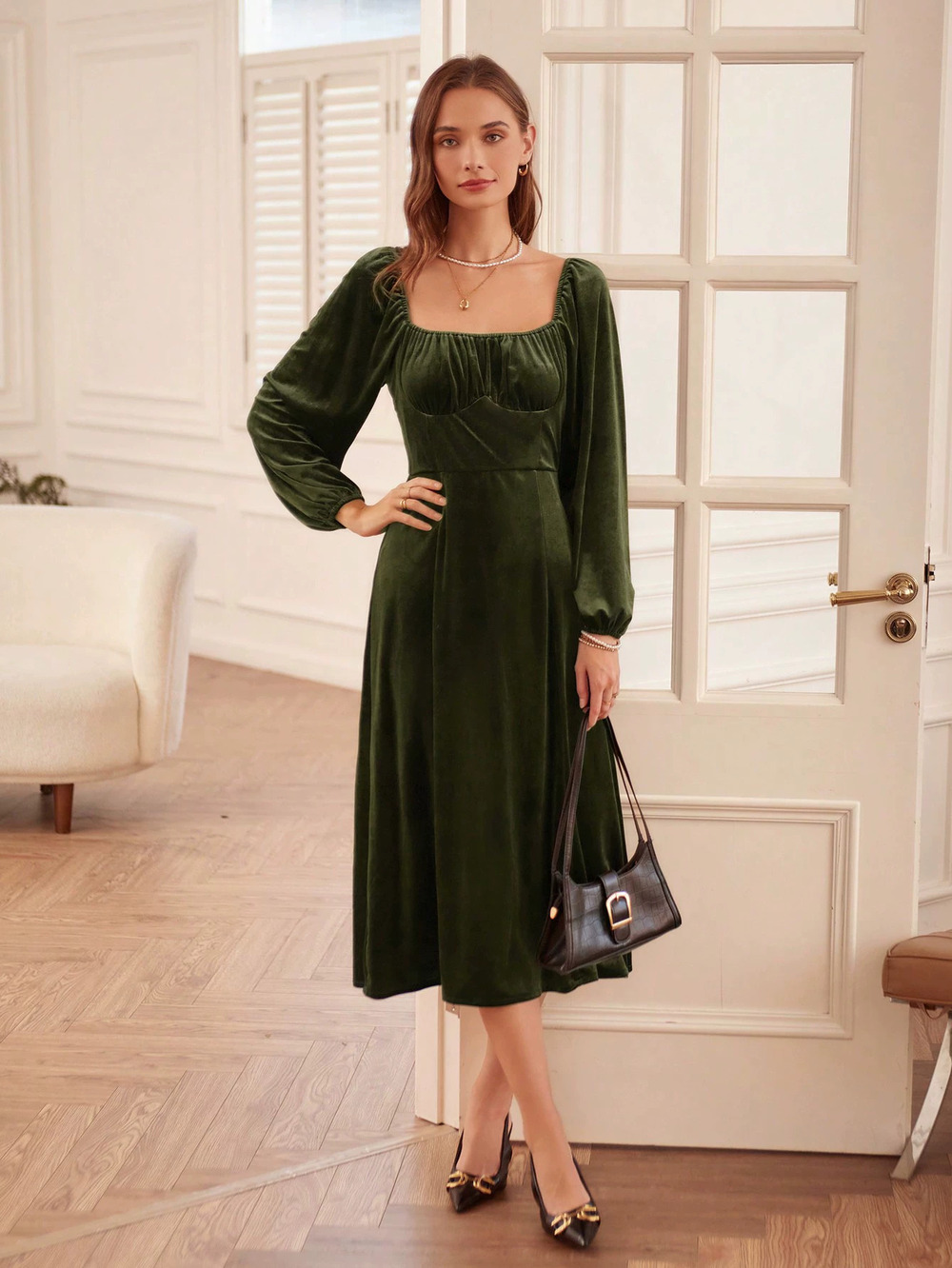 ZARA French Vintage Fitted Square Neck A-Line Velvet Dress Long Sleeve